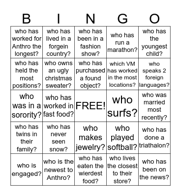 Anthro Bingo Card