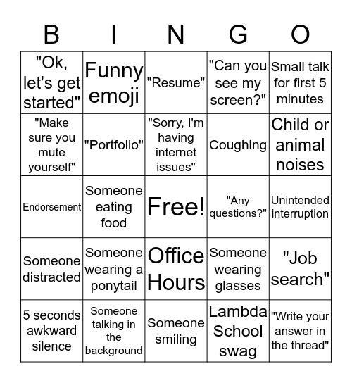 Zoom Call Bingo Card