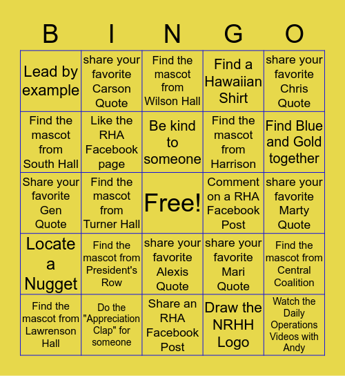 RHA @ HOME Bingo Card