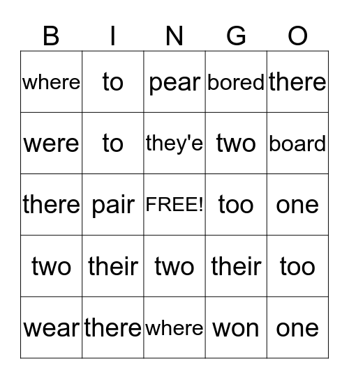 Homophone Bingo Card