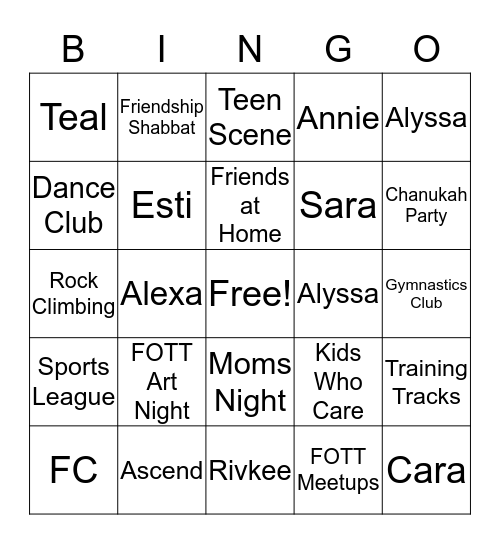 Friendship Circle Bingo Card