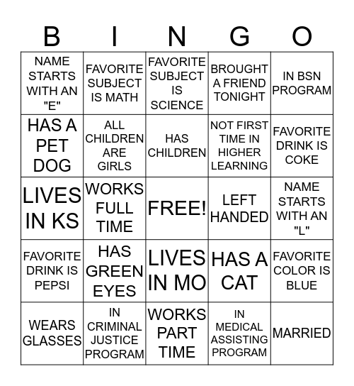 MEET YOUR CLASSMATE BINGO Card