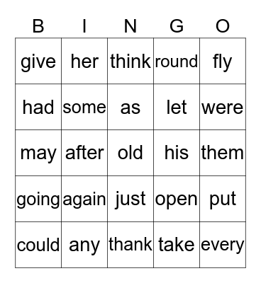 1st Grade Sight Words Bingo Card