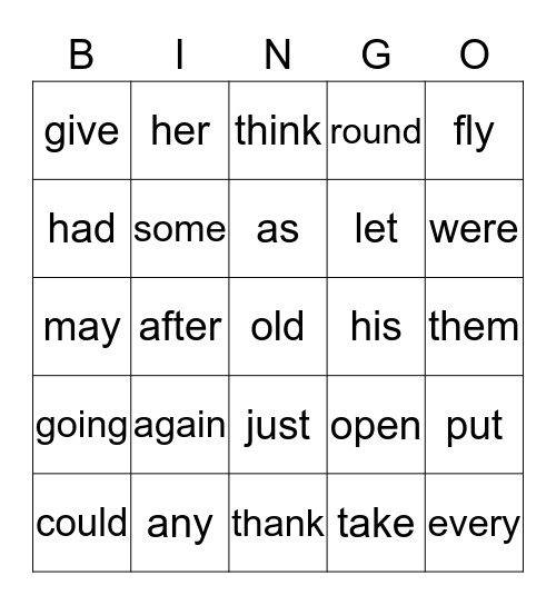 1st Grade Sight Words Bingo Card
