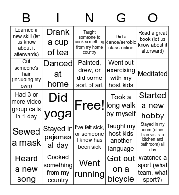 Au Pair Bingo Card