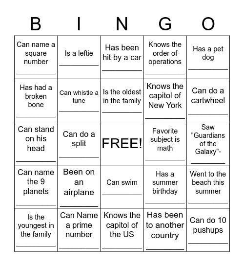 Getting to know you Bingo Card