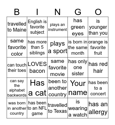 Get to know you Bingo Card
