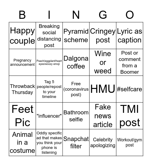 Social Media Bingo Card