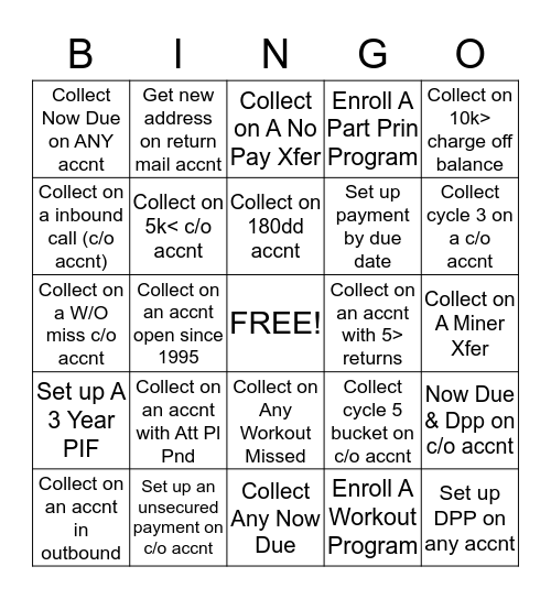 CHARGE OFF BINGO!!! Bingo Card