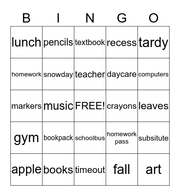 back to school Bingo Card