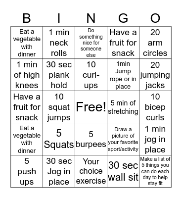 1st-3rd PE Bingo Card