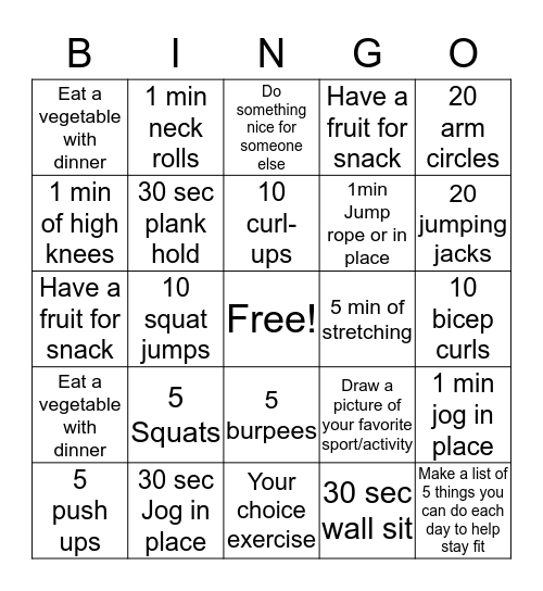 1st-3rd PE Bingo Card