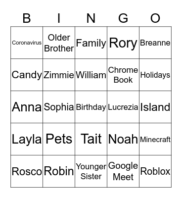 Grade 3 Virtual Party Bingo Card