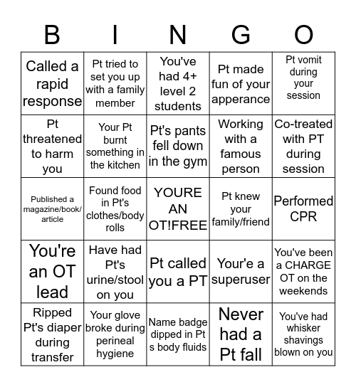 Occupational Therapy Experiences Bingo Card