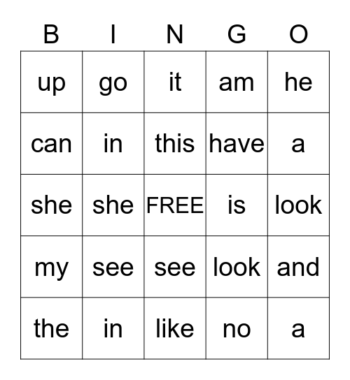 Sight Word Bingo Card