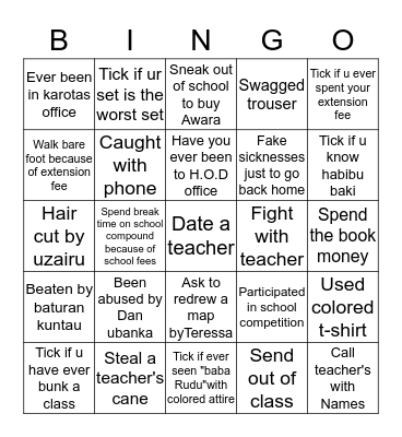 K.S.A school Bingo Card