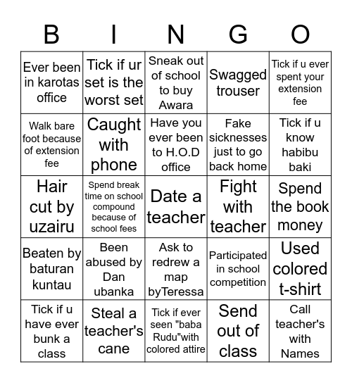 K.S.A school Bingo Card