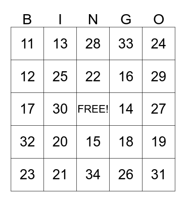 Number Bingo! Bingo Card