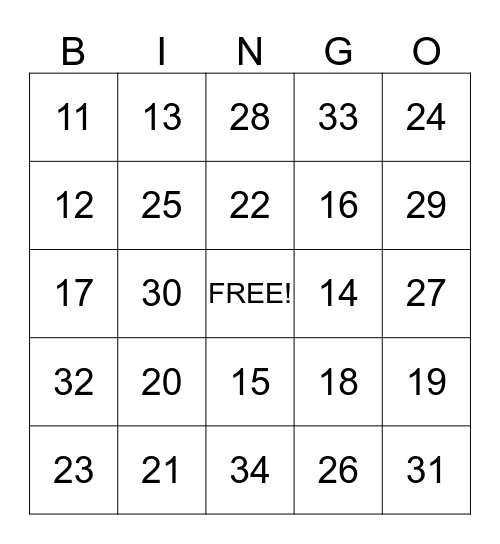 Number Bingo! Bingo Card