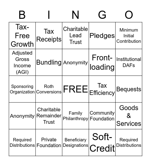 DONOR ADVISED FUNDS Bingo Card