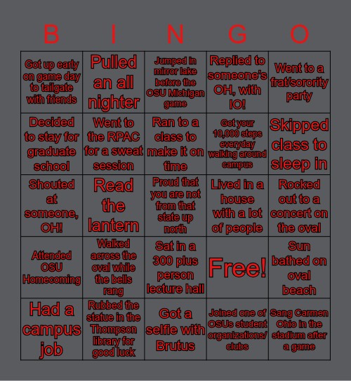 The Ohio State University  Bingo! Bingo Card