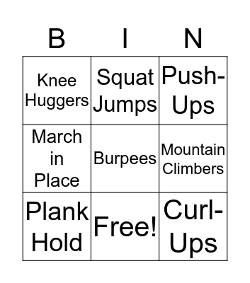 Noah's Workout Board Bingo Card