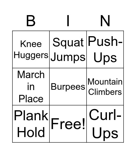 Noah's Workout Board Bingo Card