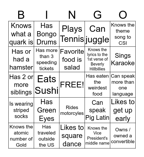 Bingo, Bango, Bongo Bingo Card