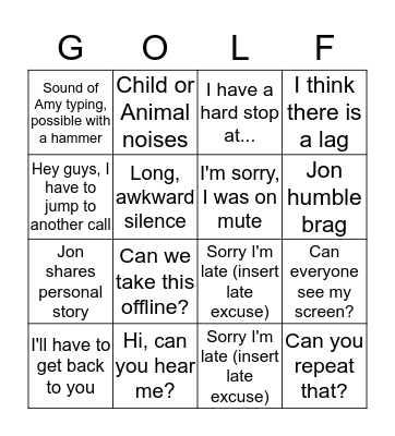 NBC GOLF Covid-19 Bingo Card