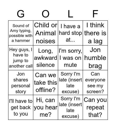 NBC GOLF Covid-19 Bingo Card