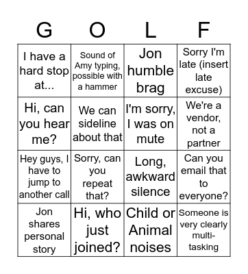NBC GOLF Covid-19 Bingo Card