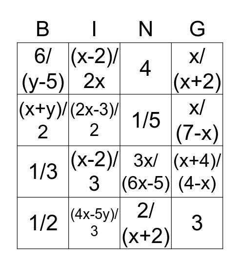 Simplifying Algebraic Fractions Bingo Card