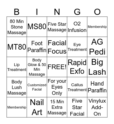 Spa Days Bingo Card