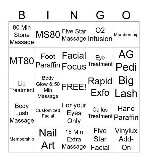 Spa Days Bingo Card