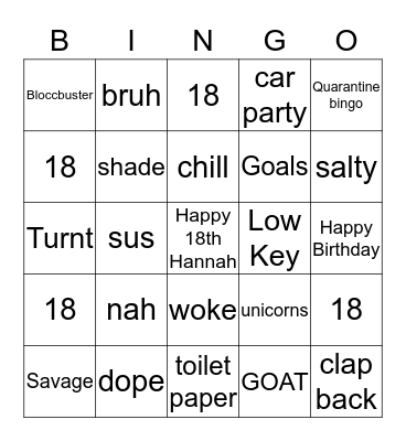 Hannahs 18th Birthday Bingo Card