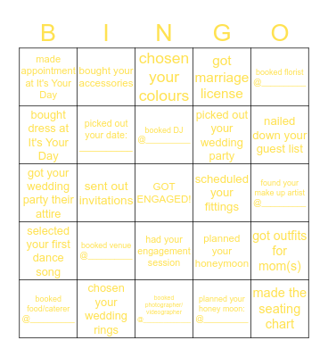 Wedding Bingo Card