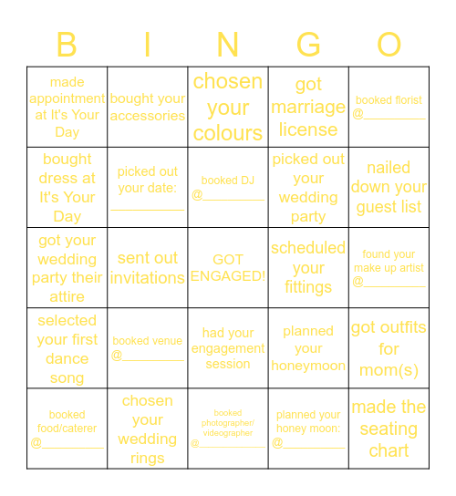 Wedding Bingo Card