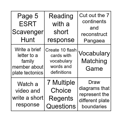 Plate Tectonics Bingo Card