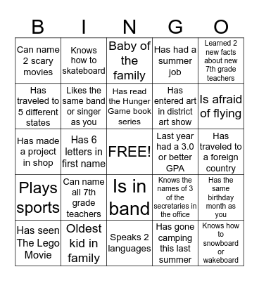 7th Grade Bingo Card