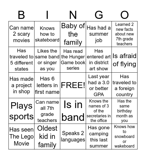 7th Grade Bingo Card