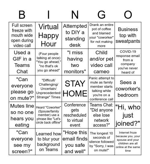 Working From Home Bingo Card