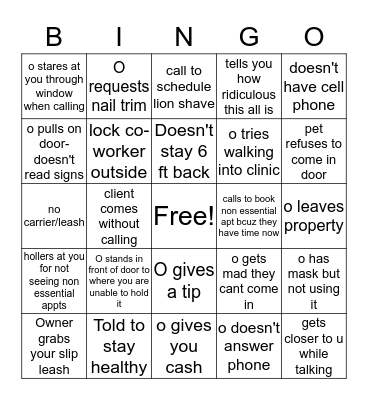 Covid-19 Veterinary Curbside Bingo Card