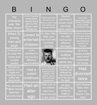 JOHN WAYNE GACY Bingo Card