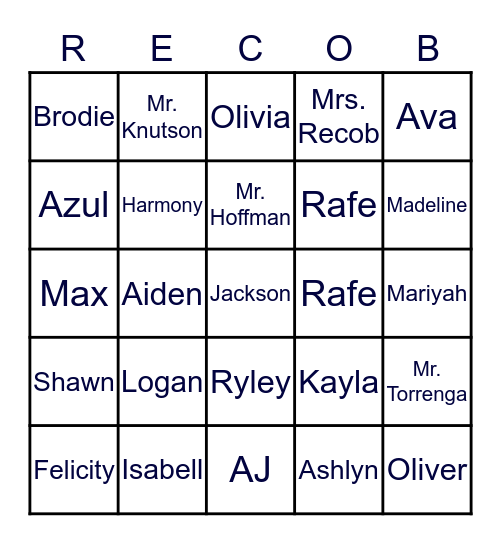 Mrs. Recobs 5th Grade Bingo Card