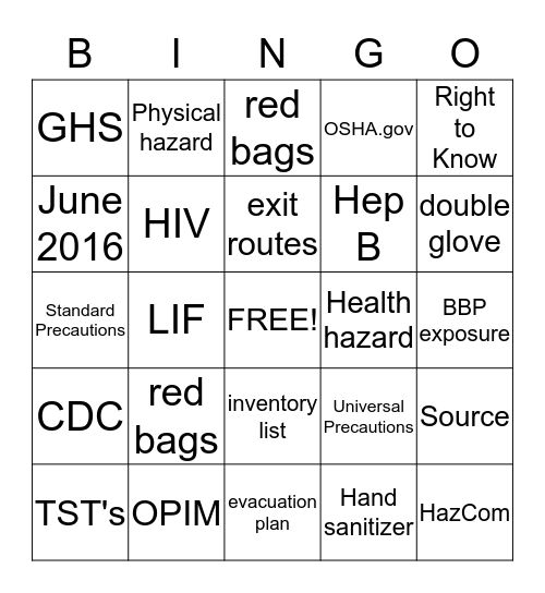 OSHA Bingo Card