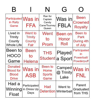 Trinity High School Bingo Card