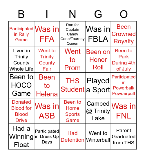 Trinity High School Bingo Card