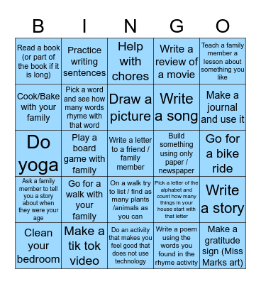 No Screen Bingo Card