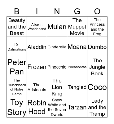 The Wonderful World of Disney Bingo Card