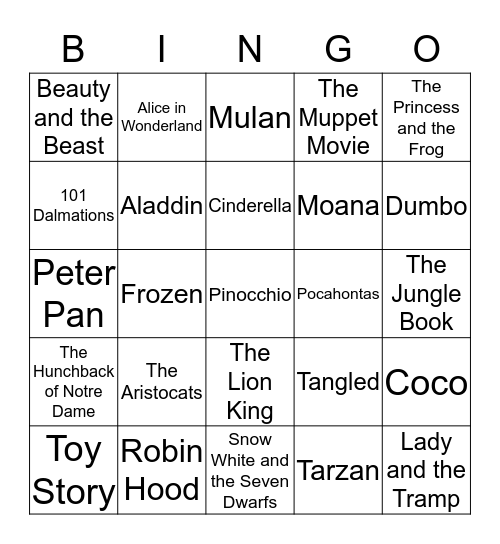 The Wonderful World of Disney Bingo Card